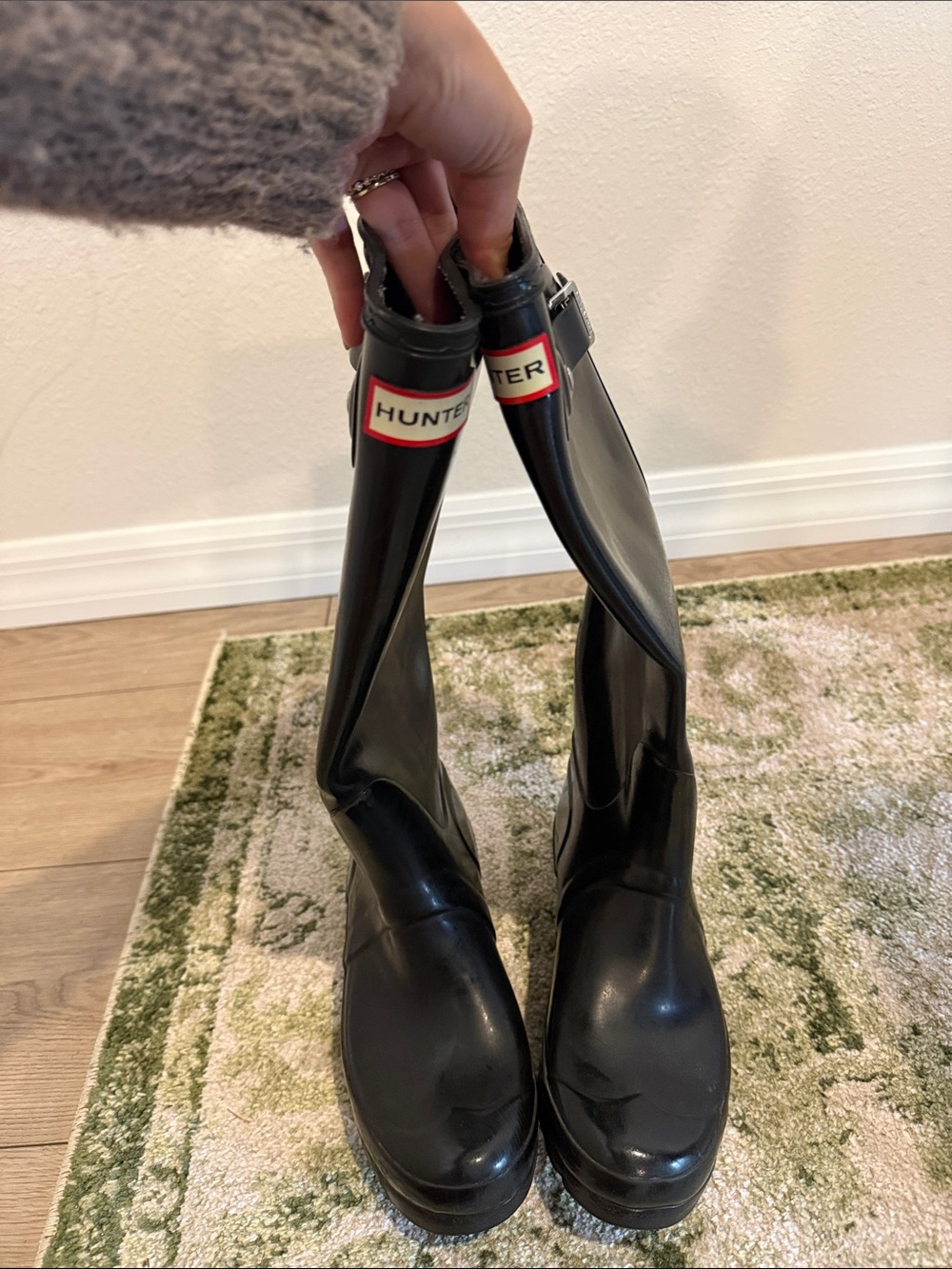Hunter Black Gloss Tall Women's Rain Boots with Logo Trim